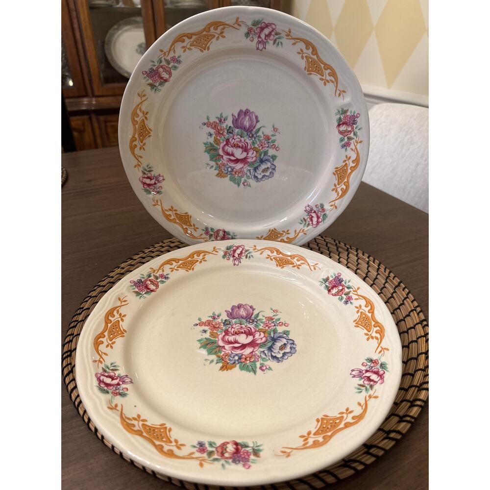 Vintage Gibson Floral Dinner Plates Set of 2 Gold Scroll Border 10”